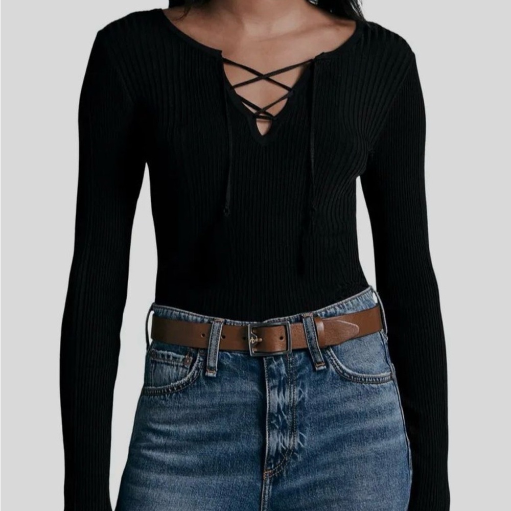 Rag & Bone Women's Black Carrie Lace-Up Rib Blouse Sweater